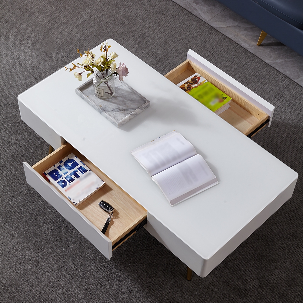 47.2" Modern White Coffee Table with Drawers Stainless Steel Legs window image