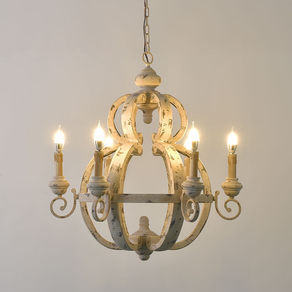Farmhouse French Candle Style Distressed White Sphere 6-Light Chandelier Wood and Metal window image