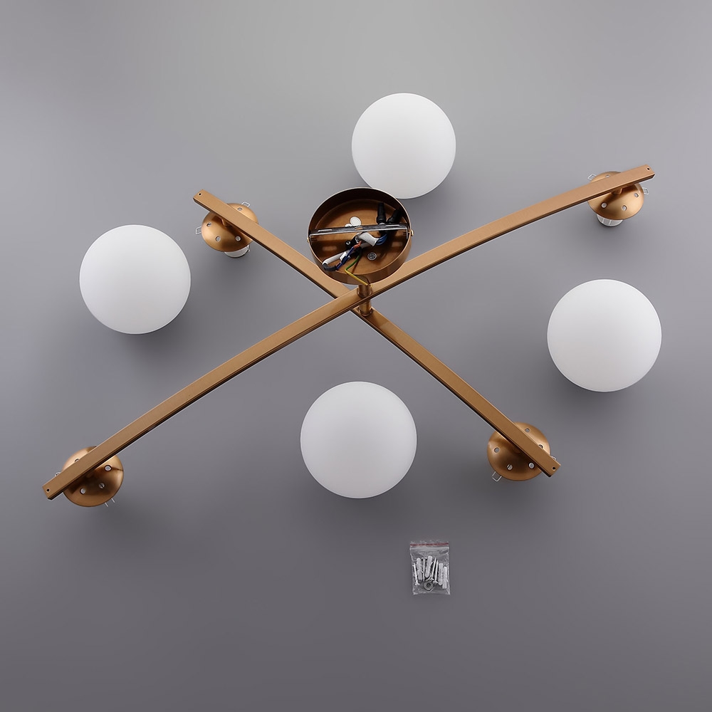 Modern 4-Light White Glass Globe Brass Metal Semi Flush Mount Ceiling Light Fixture window image