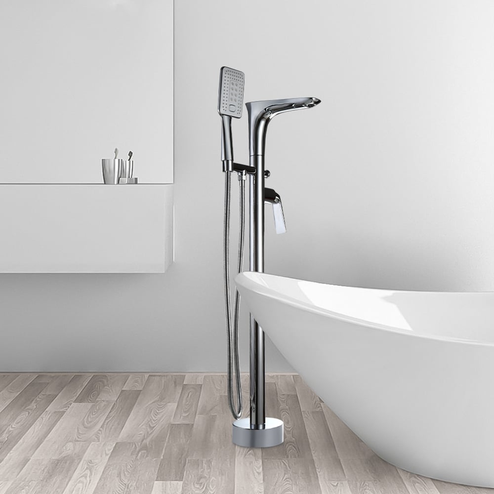 Contemporary Polished Chrome Floor Mount Tub Filler Solid Brass 1-Handle Freestanding Bathtub Faucet with Hand Shower window image