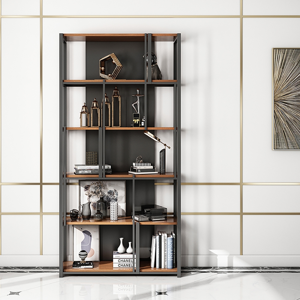 Estante de livros contemporânea Etagere de 5 camadas de 78,7" em preto e natural Imagem da janela