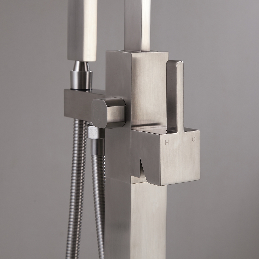 Dree Brushed Nickel Floor Mount Modern Tub Filler Faucet & Hand Shower Single Handle Solid Brass window image