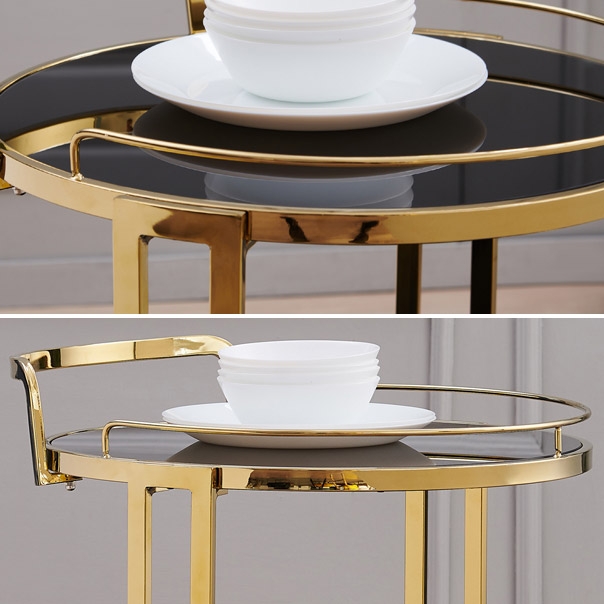 Rolling 3-Tier Round Bar Cart Gold and Black with Wheel & Handle window image