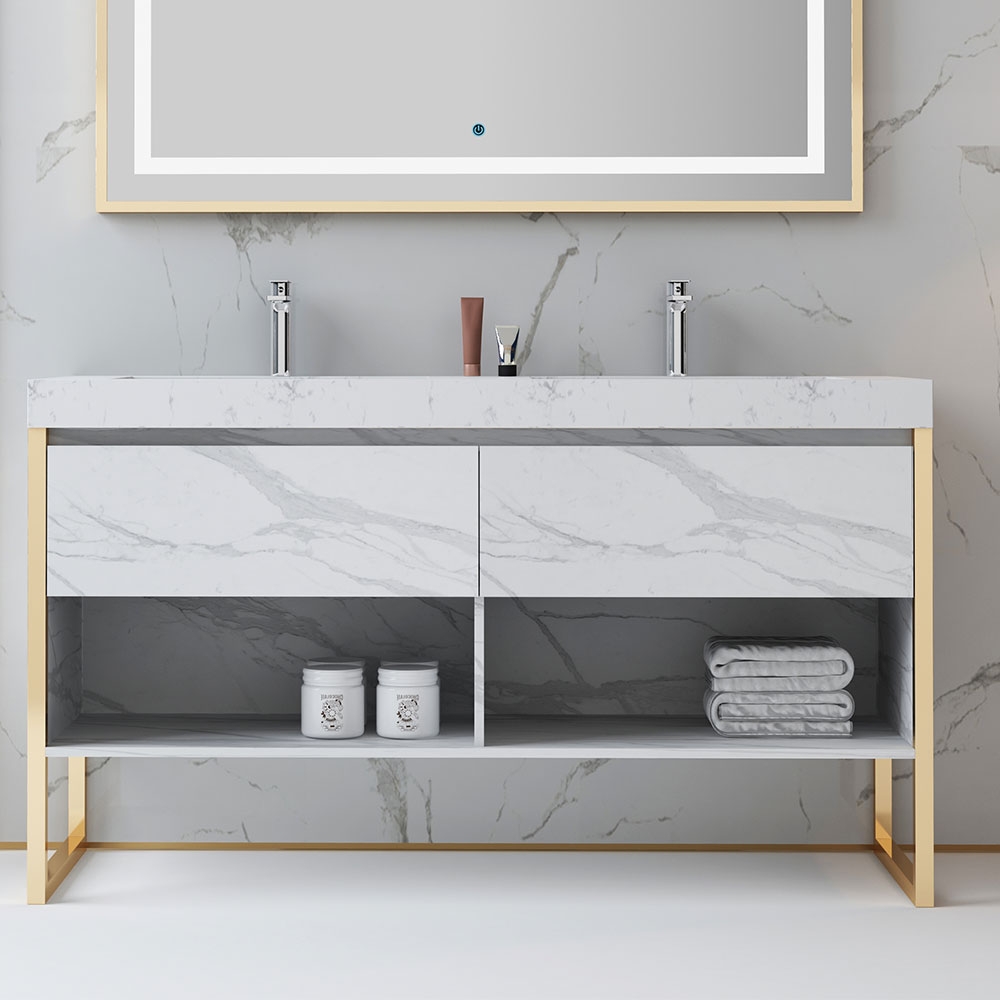 Modern White Double Sink Freestanding Bathroom Vanity Marble with Drawers window image
