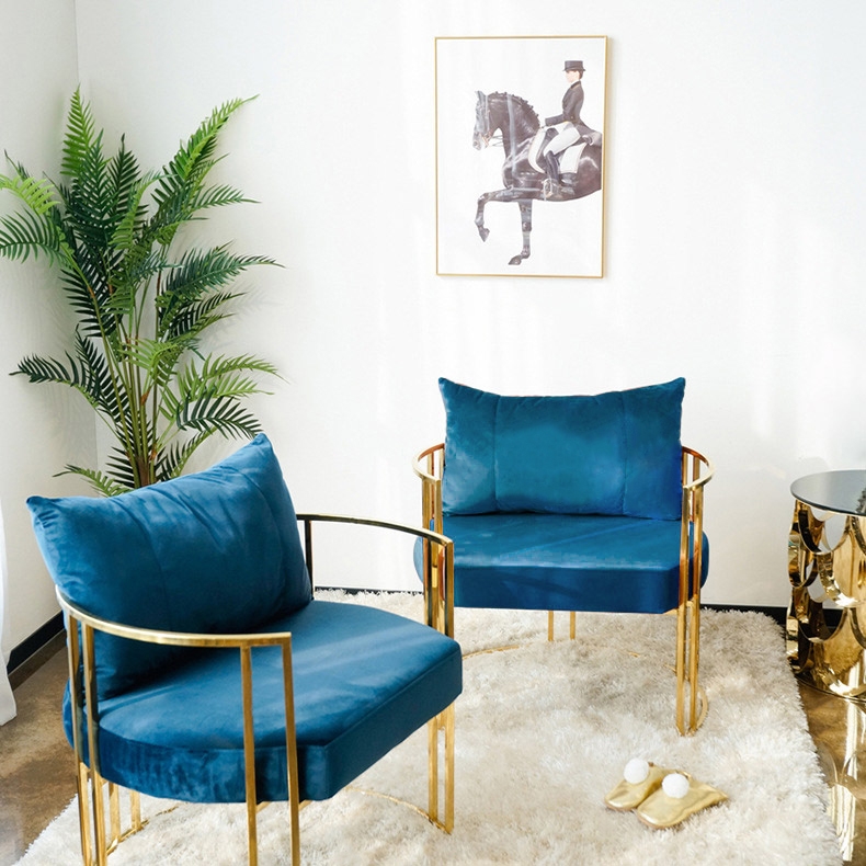 Gold Accent Chair Blue Velvet Barrel Chair with Pillow Back & Cushion Stainless Steel Frame window image