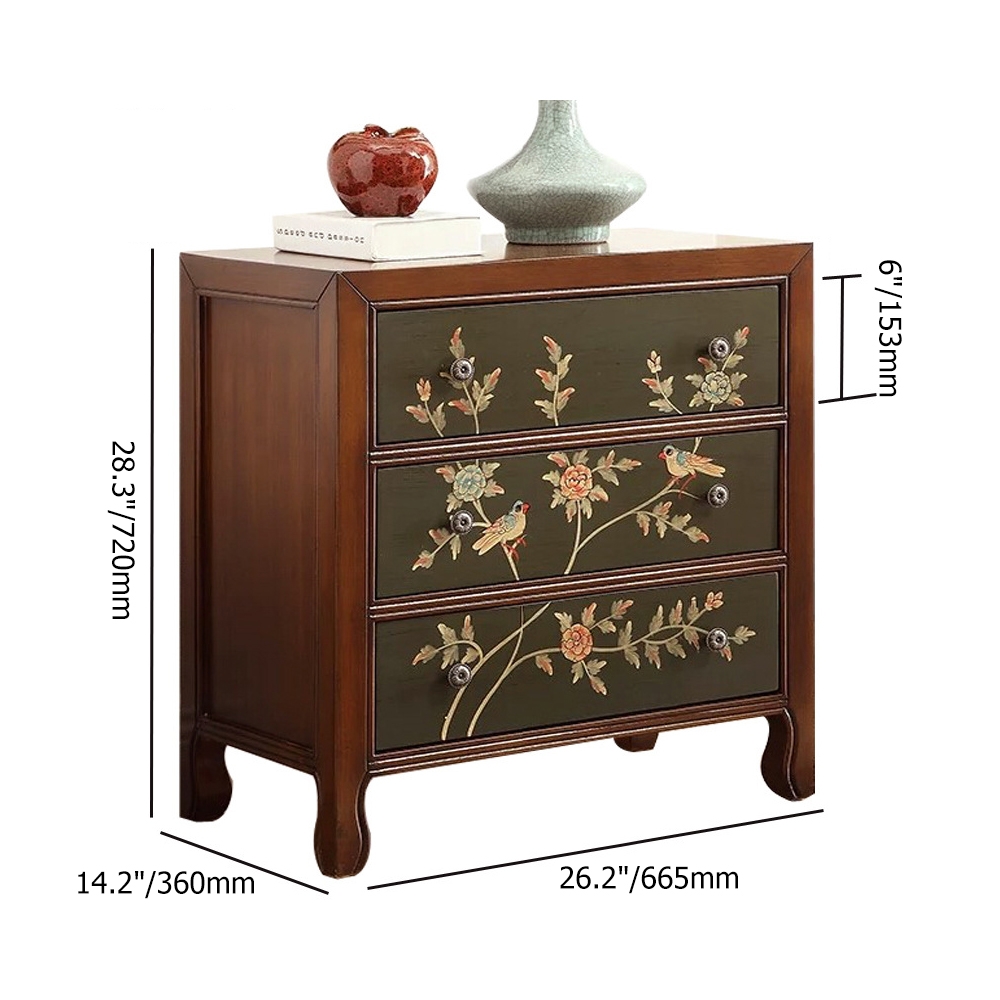 Rustic Walnut&Green Cabinet Floral Accent Chest with 3 Drawers window image