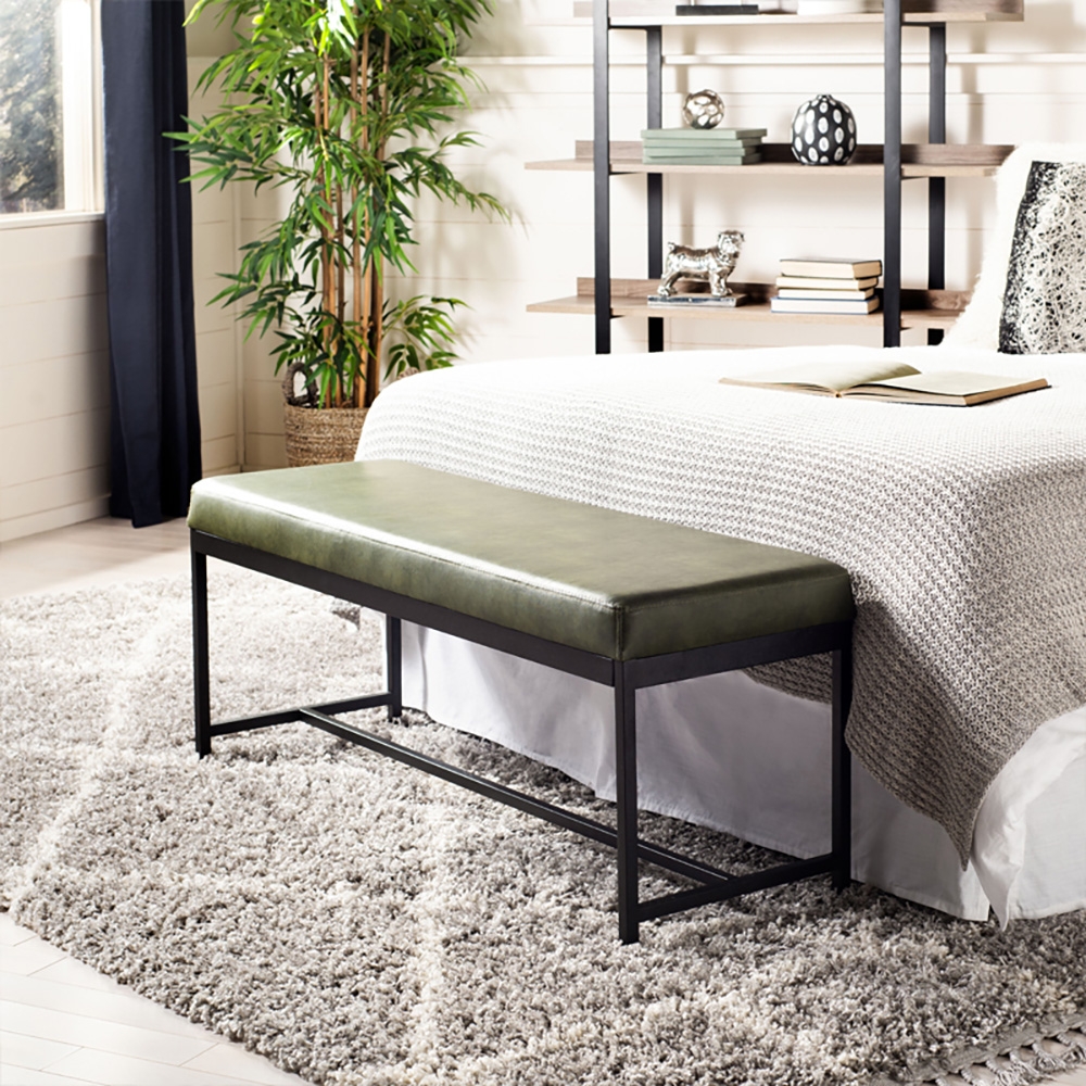 39.4'' Blackish Green Entryway Upholstered Bench with Faux Leather and Metal window image