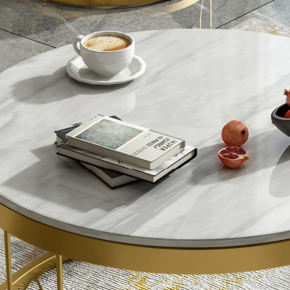 Modern Round Coffee Table with Marble Tabletop Metal Base in Gold window image