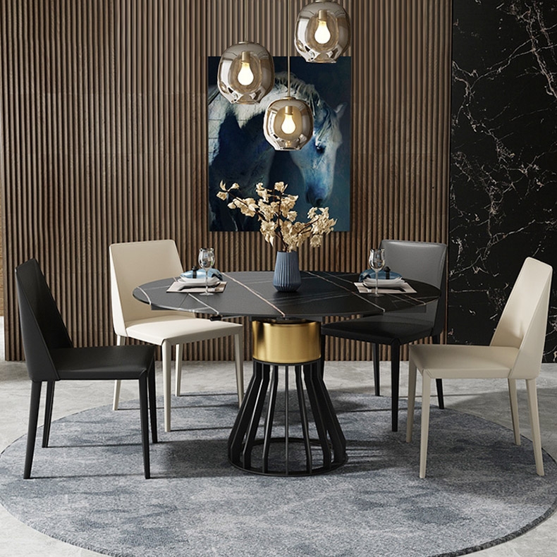 Modern Black Round Leaf Extendable Dining Table Sintered Stone Top Pedestal Base window image