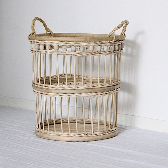 French Country Style Wood Bead Hollow Out Weave Rattan Storage Basket with Double Handles Cylindric Laundry Hamper in Beige window image