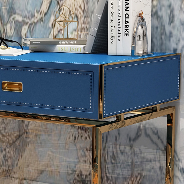 Modern Blue Faux Leather Office Desk Computer Desk with Drawers & Shelf in Gold Finish window image