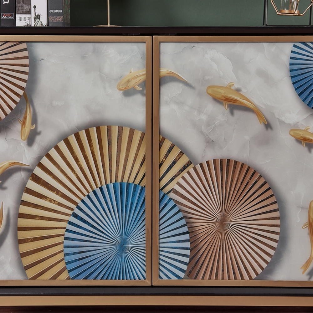 Luxury Sideboard Glass Drawing Panel Buffet with Doors and Shelves Gold Finish in Small window image