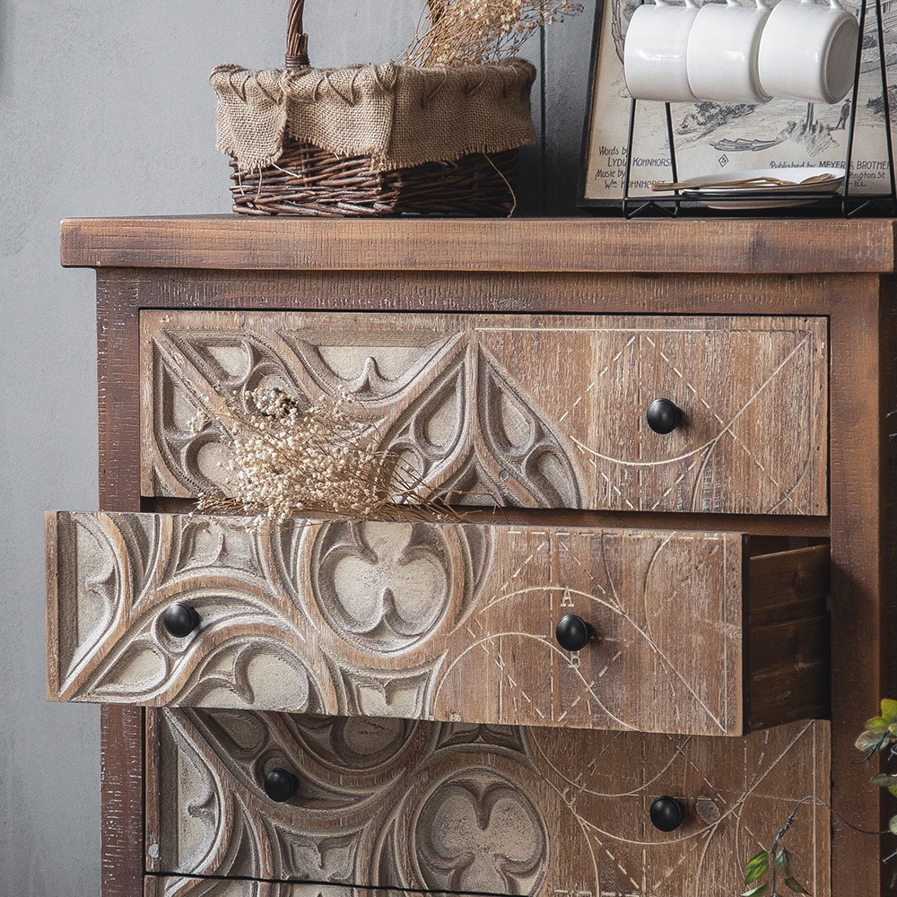 Rustic Walnut Cabinet Carved and Painted Patterns Chest of 4 Drawers window image