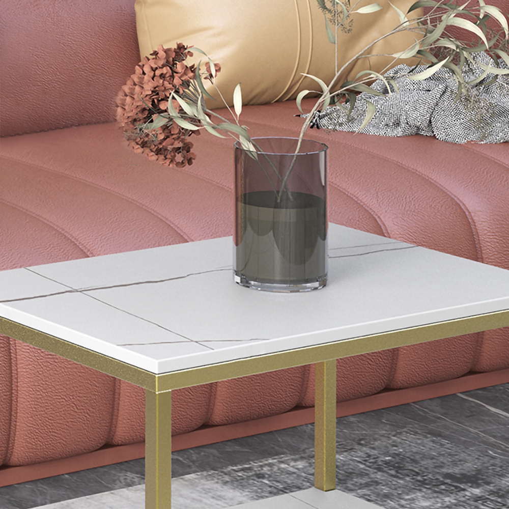 Modern Side Table Nesting End Table with Shelf & Drawer in Gold & White Sintered Stone window image