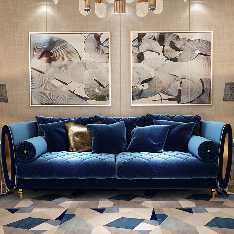 Modern Blue Velvet Upholstered Sofa 3-Seater Sofa Luxury Sofa with Pillows Solid Wood Frame Gold Legs window image