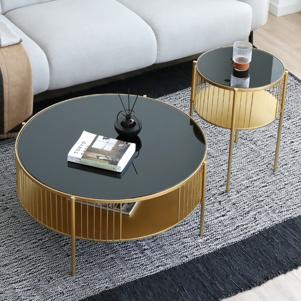 Black Round Coffee Table Set of 2 with Shelf Accent Table Metal in Gold window image