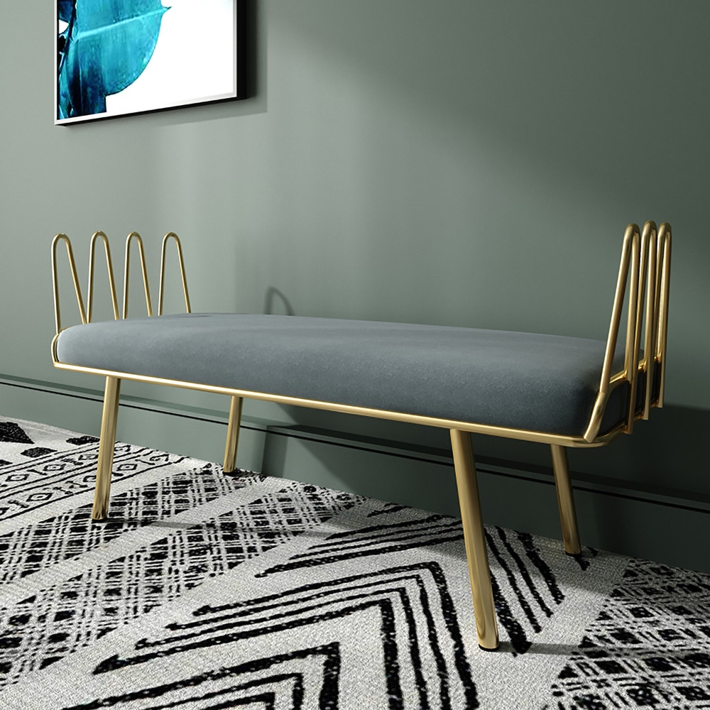 Light Gray Entryway Bench Modern Upholstered Velvet Bench Metal in Gold window image