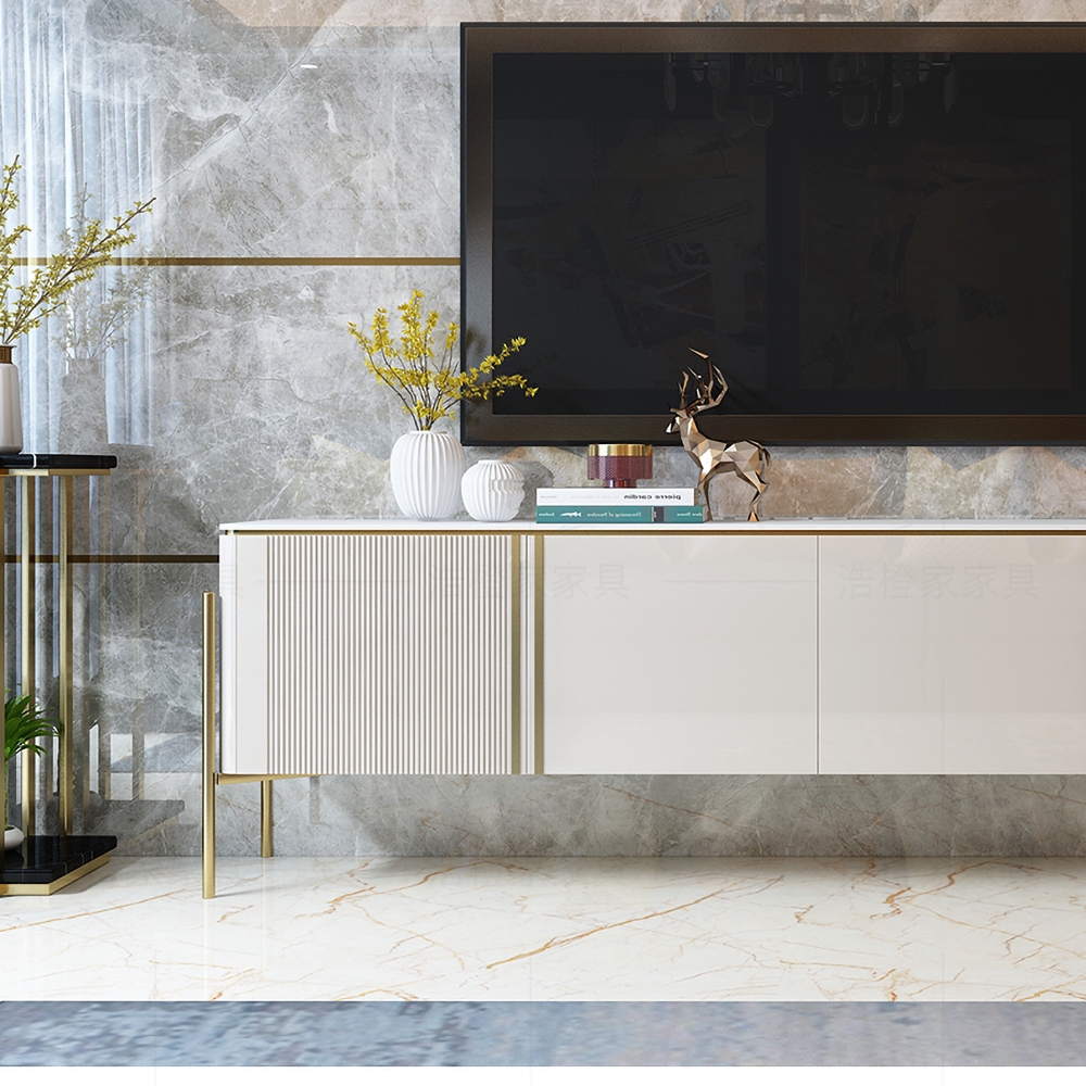 Off White Modern TV Stand with 4 Doors & 2 Shelves for TVs up to 80" in Gold window image