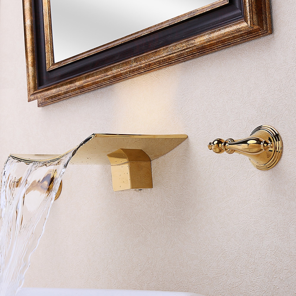 Grop Modern Waterfall Wall Mount 2-Handle Bathroom Sink Faucet Solid Brass in Gold window image