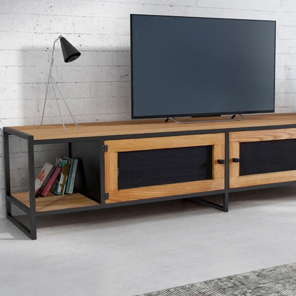 Industrial Natural TV Stand Rectangle Mesh Media Console with Storage for TVs up to 80" window image
