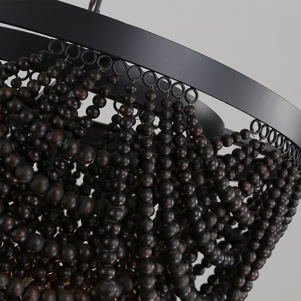 Boho Dark Brown Wooden Draped Bead 3-Light Chandelier window image