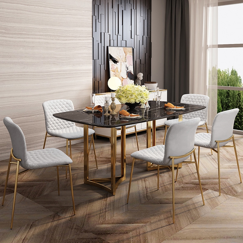 Modern 63" Rectangular Dining Table Faux Marble Top & Golden Base Black Marble Dining Table window image