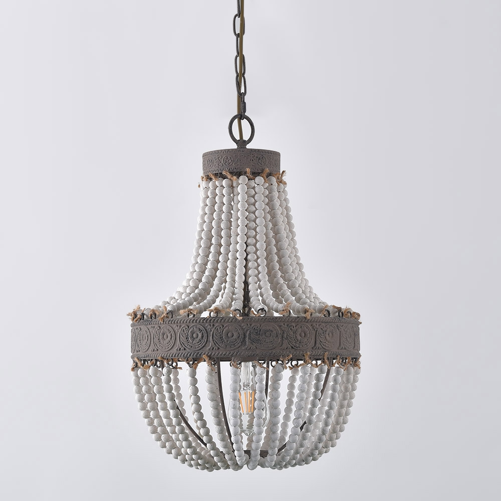 Vintage retro 3-licht wit gewassen oude houten kralen hanglamp rustieke smeedijzeren band in bruin Vensterafbeelding