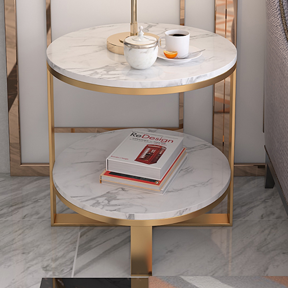 2-Tiered White Round End Table with Shelf Metal Frame window image