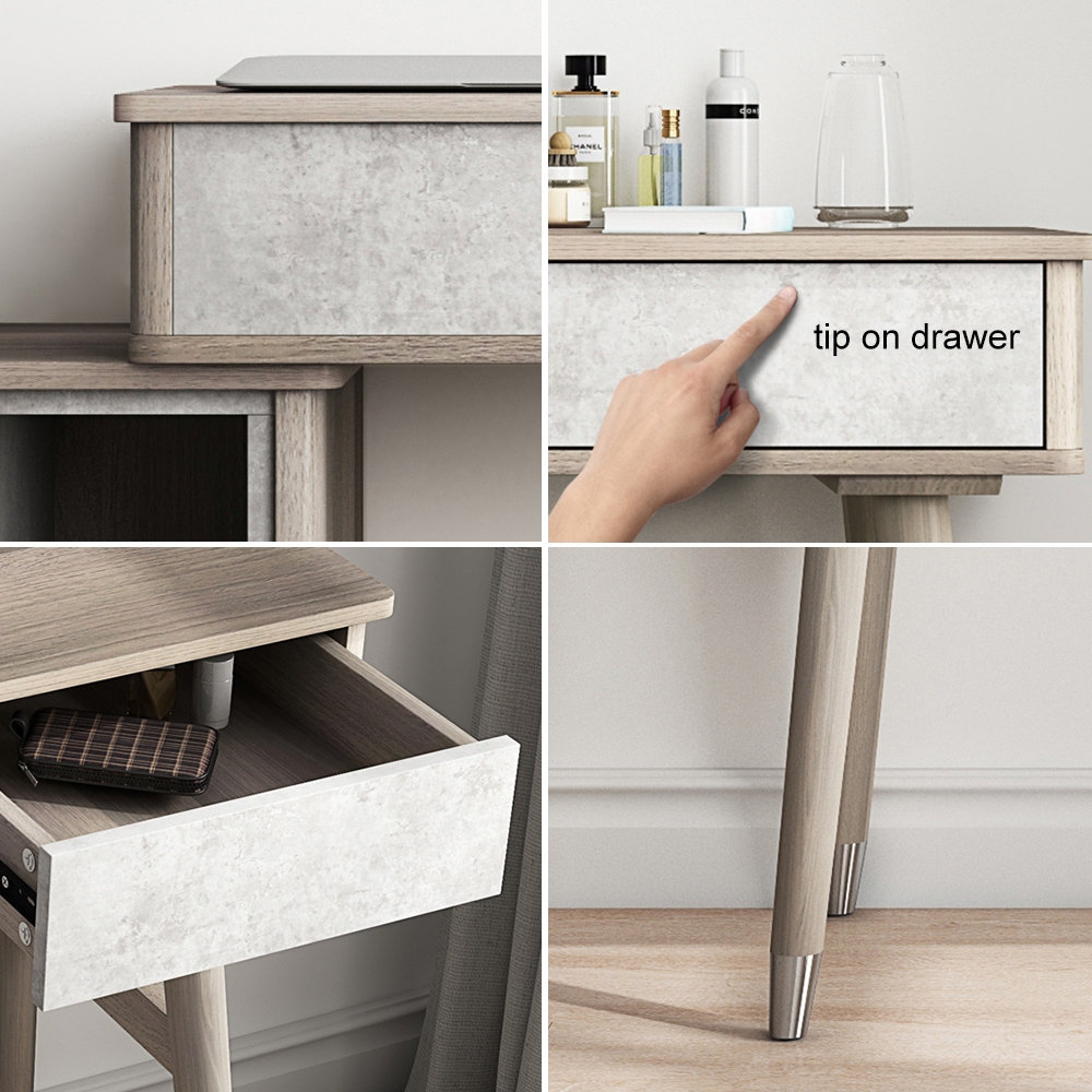 Moderne Scandinavische grote make-up kaptafel en zijopbergmeubel met spiegelspiegel en opbergkast in cementgrijs Vensterafbeelding