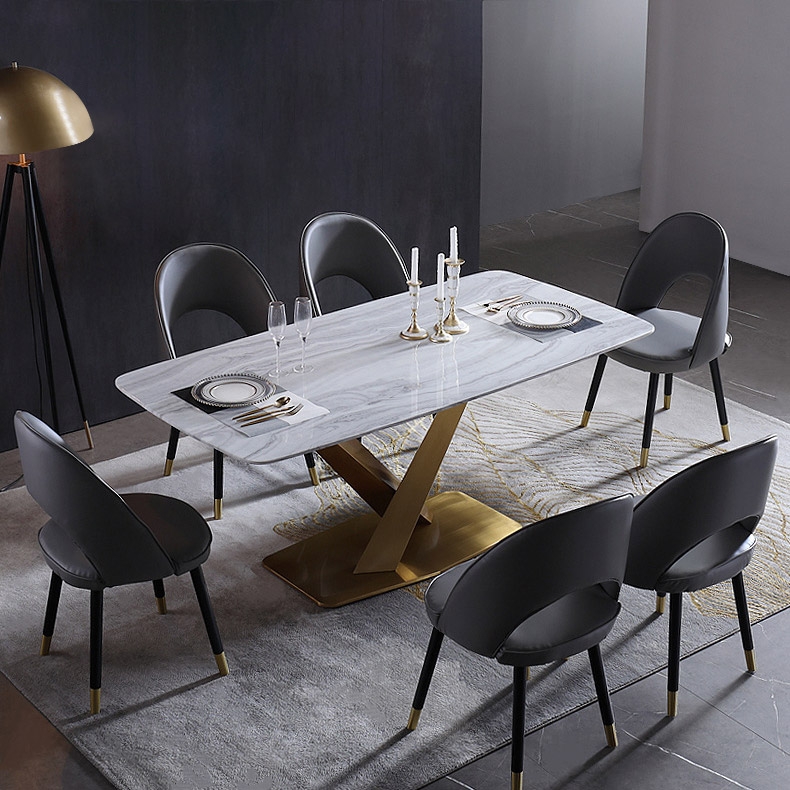 71" Rectangular Faux Marble Dining Table Gold X-Base Stainless Steel with White Marble top window image