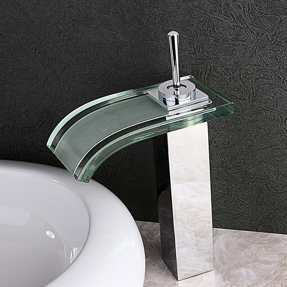 Co-crystal Single Lever Waterfall Bathroom Vessel Sink Faucet Curved Glass Spout Polished Chrome window image