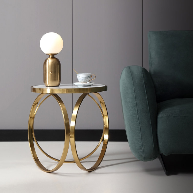 Marble End Table Modern Faux Marble Round Side Table Gold Stainless Steel window image