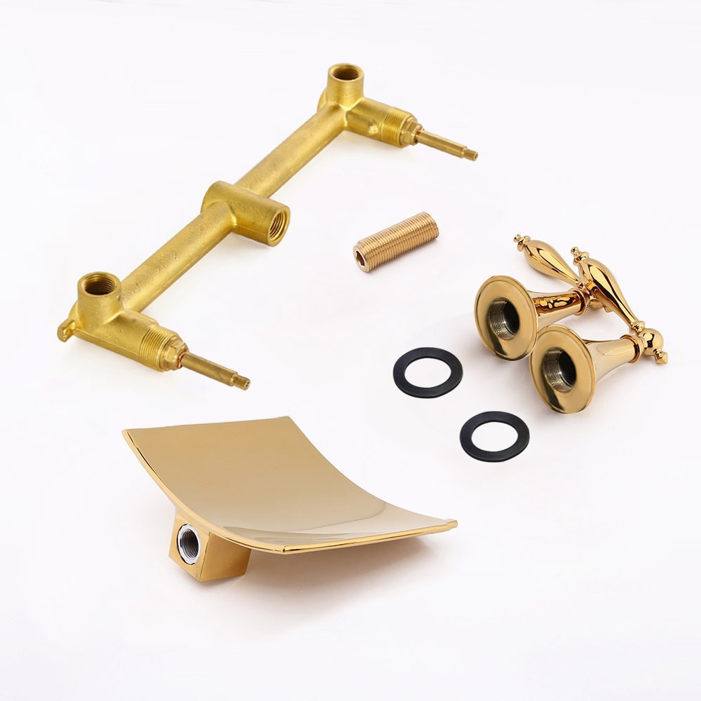 Grop Modern Waterfall Wall Mount 2-Handle Bathroom Sink Faucet Solid Brass in Gold window image