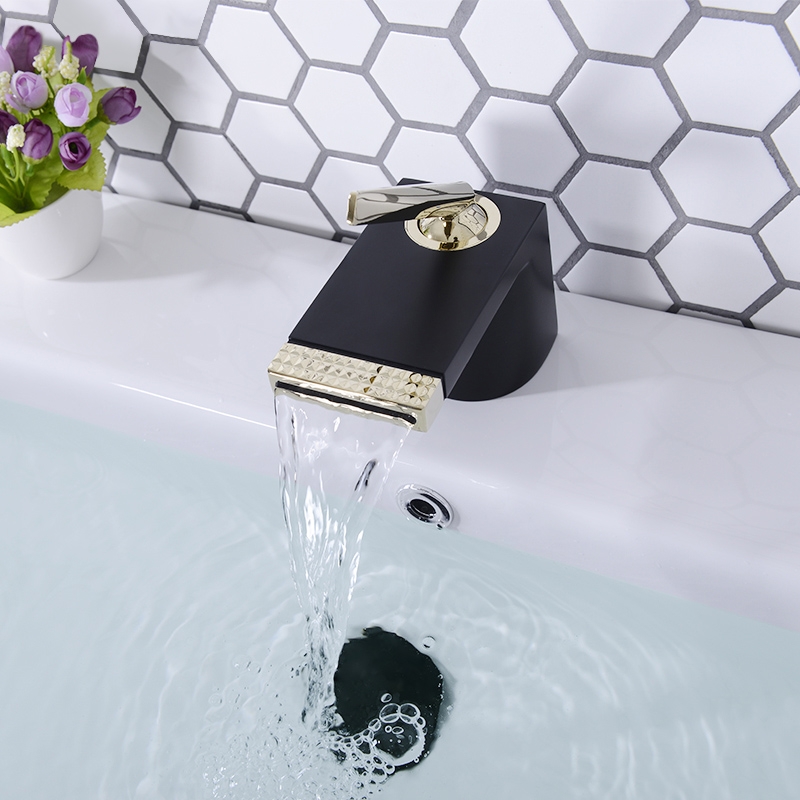 Contemporary Waterfall Spout Single Hole 1-Handle Bathroom Sink Faucet Solid Brass in Black & Gold window image