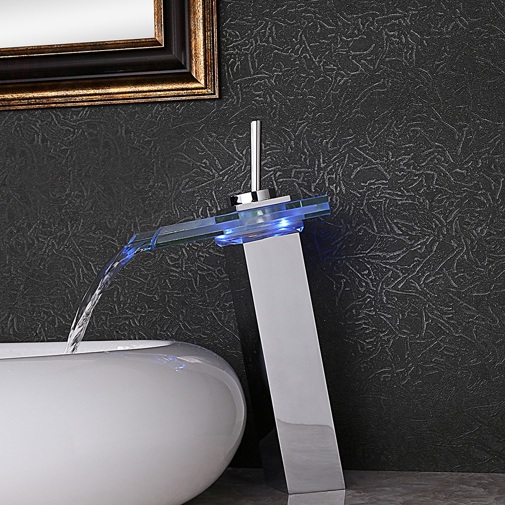 Fun LED Tall Glass Spout Single Lever Single Hole Waterfall Vessel Sink Faucet Chrome window image