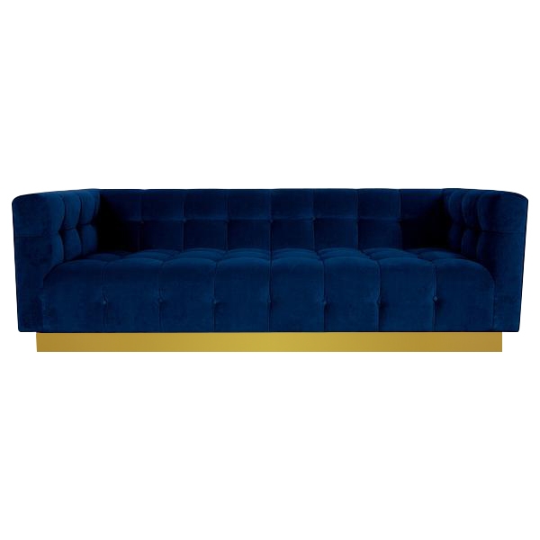 Contemporary Button-Tufted Deep Blue Velvet Living Room Sofa with Gold Stainless Steel Base Pillows Included window image