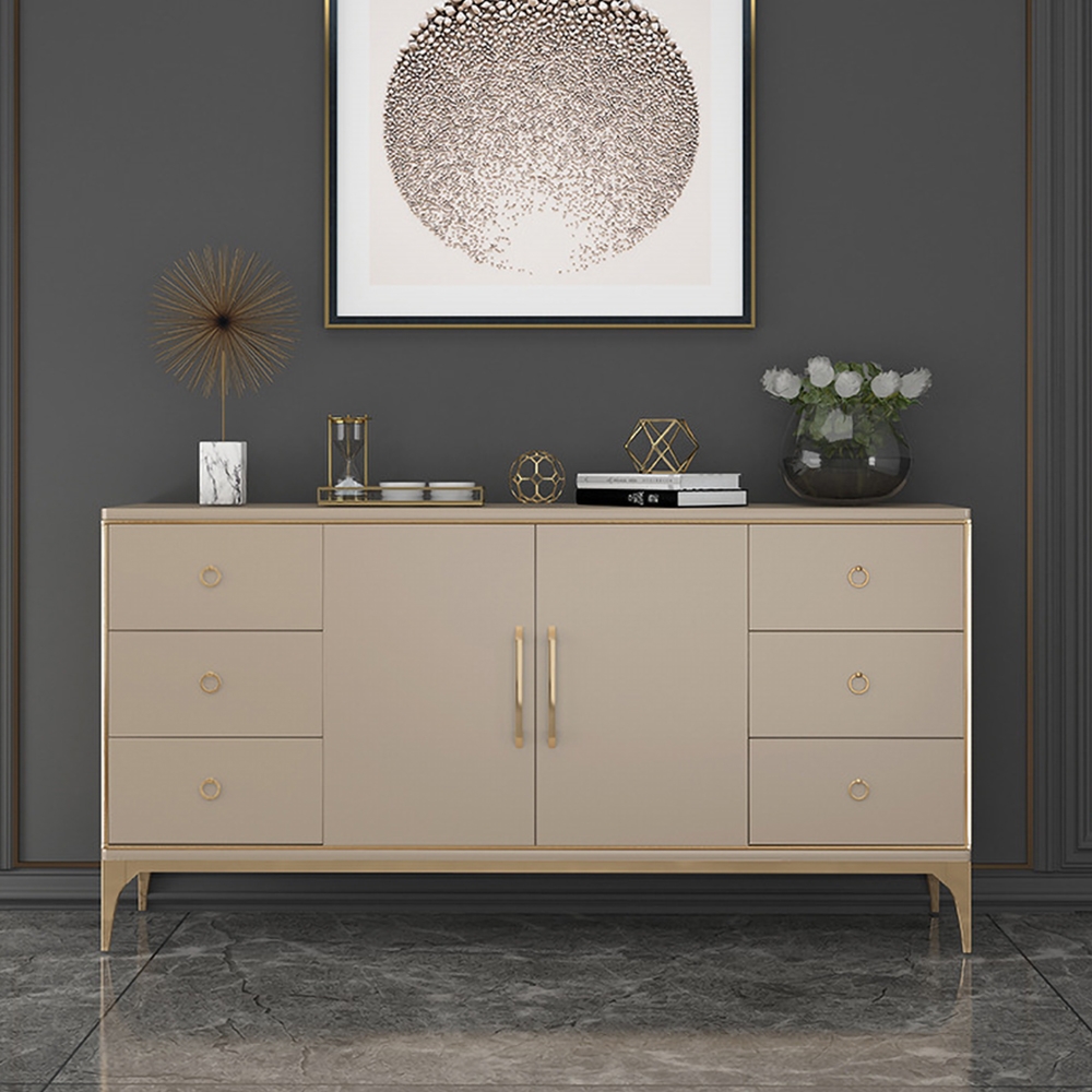 63" Modern Champagne Sideboard Buffet 2-Doors & 6-Drawer Kitchen Cabinet window image