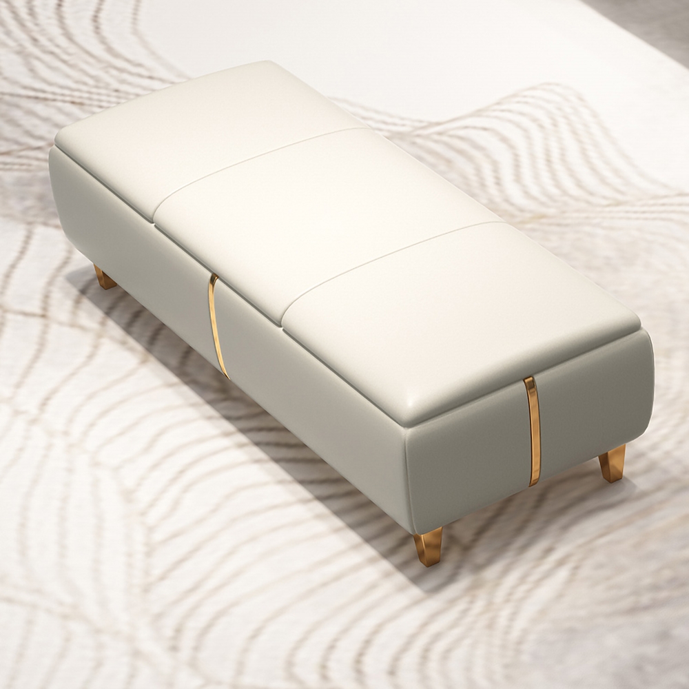 Modern Entryway Bench Beige Faux Leather Upholstered Ottoman Bench for End of Bed window image