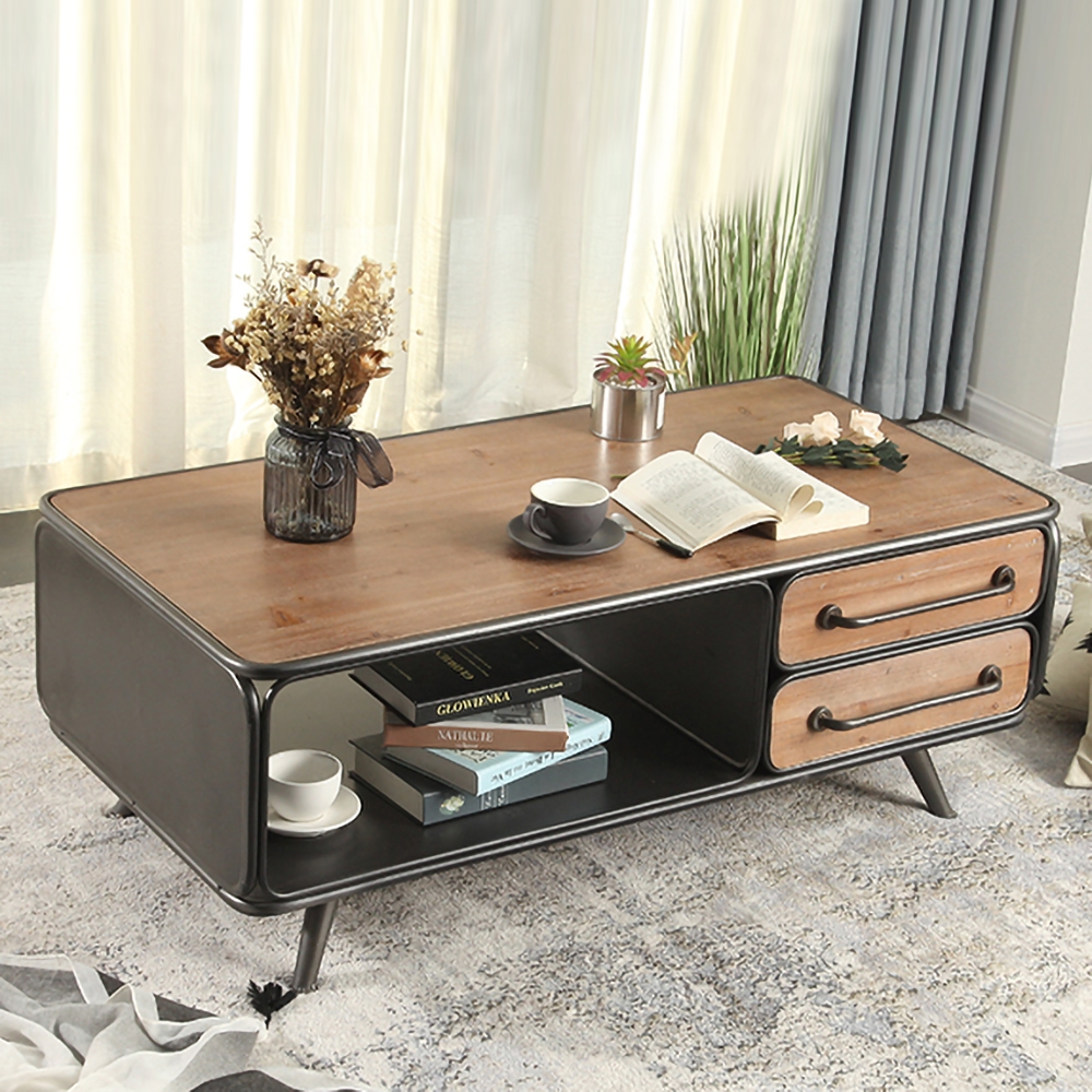 Retro salontafel met laden en opslag Metalen frame met houten blad Vensterafbeelding