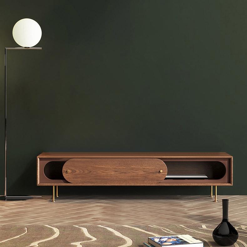 Rustic 72" Wood TV Stand with Storage Rectangular Media Cosole with Sliding Door in Walnut & Brass window image