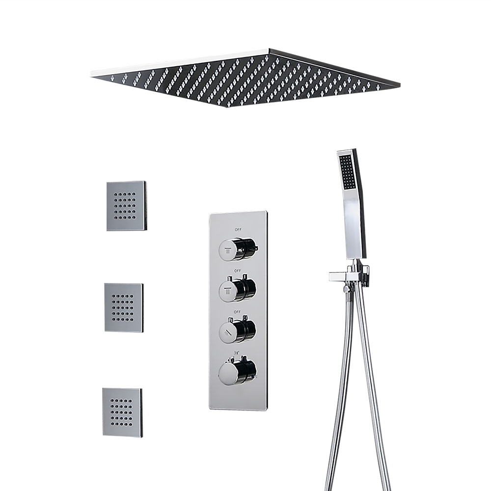 Modern Style 20" Polished Chrome Square Rain Shower System with Handheld Shower & 3 Body Sprays Solid Brass window image