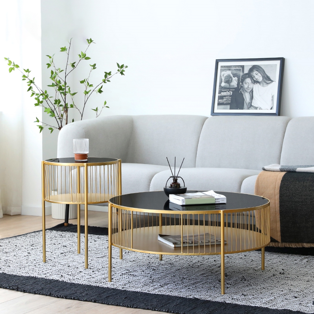 Black Round Coffee Table Set of 2 with Shelf Accent Table Metal in Gold window image