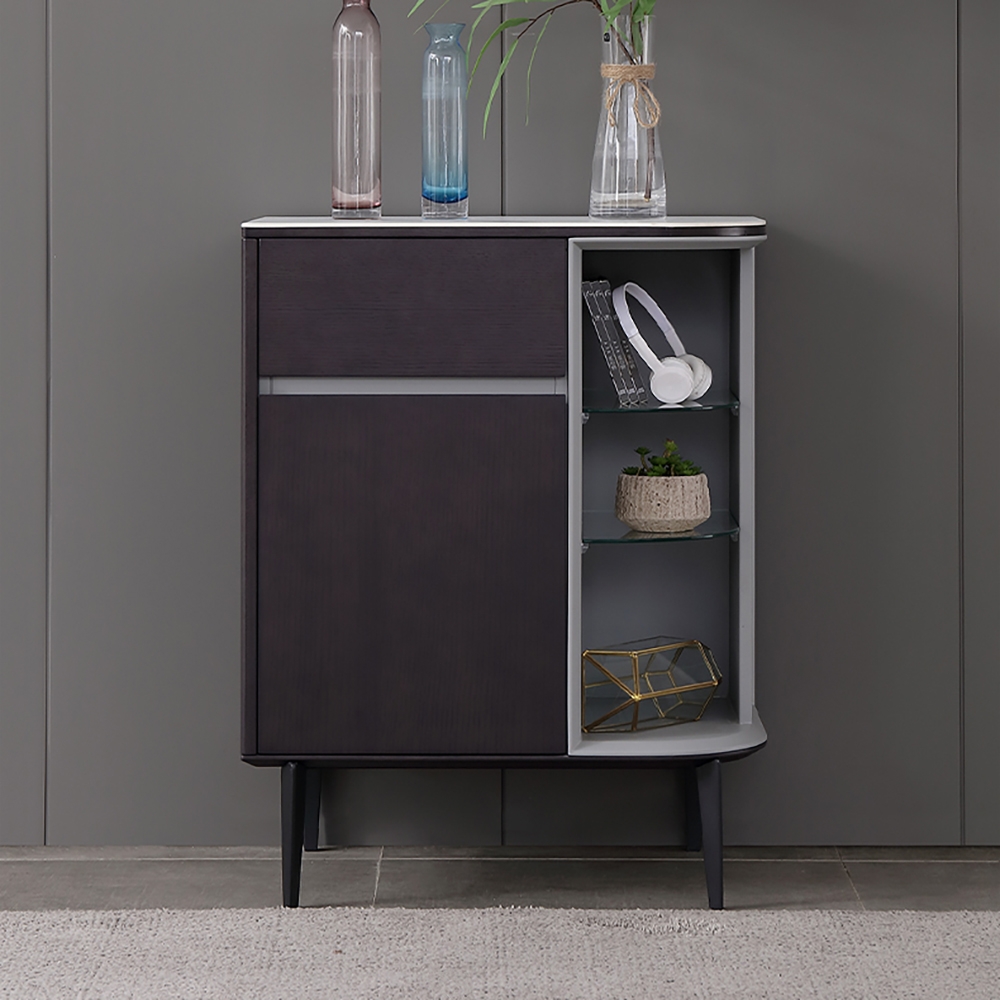 Minimalist Gray Cabinet with Sintered Stone Top Adjustable Glass Shelves window image