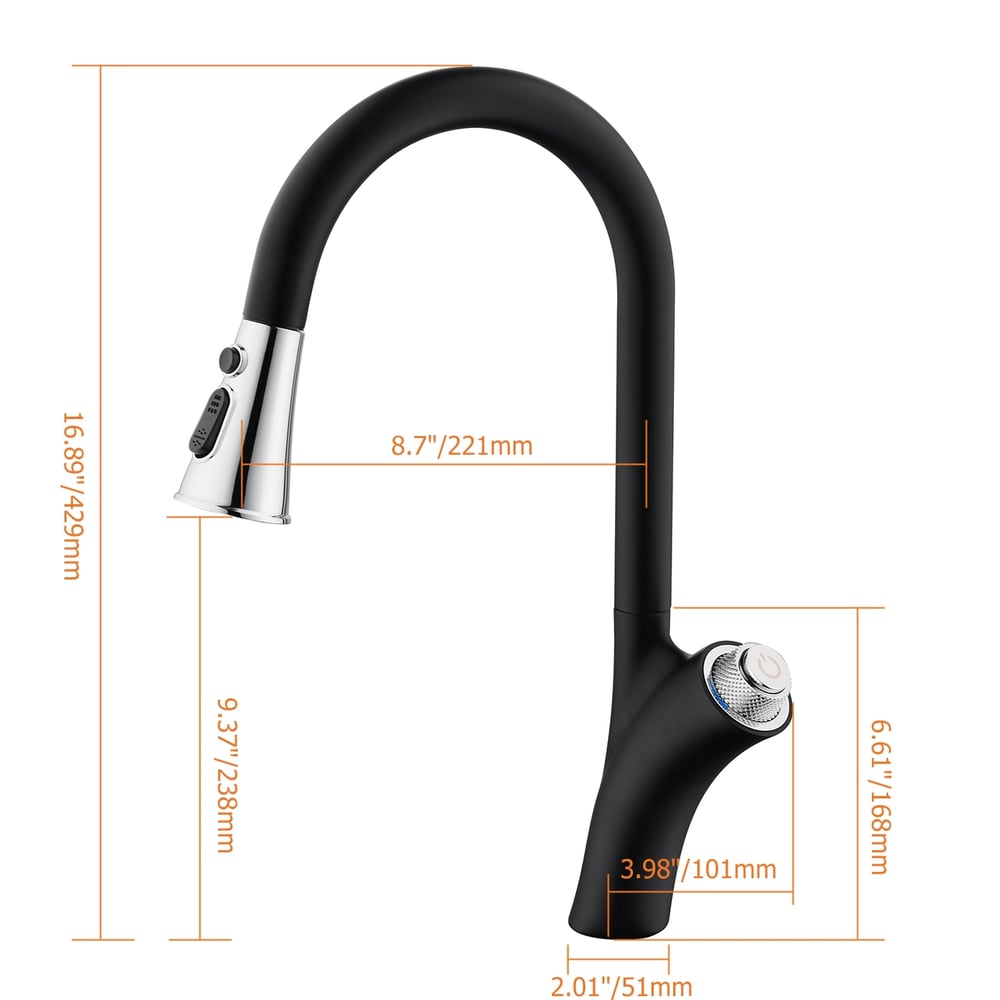Grifo de cocina extraíble de arco alto negro y cromado con doble función pulverizador de latón macizo Imagen de ventana