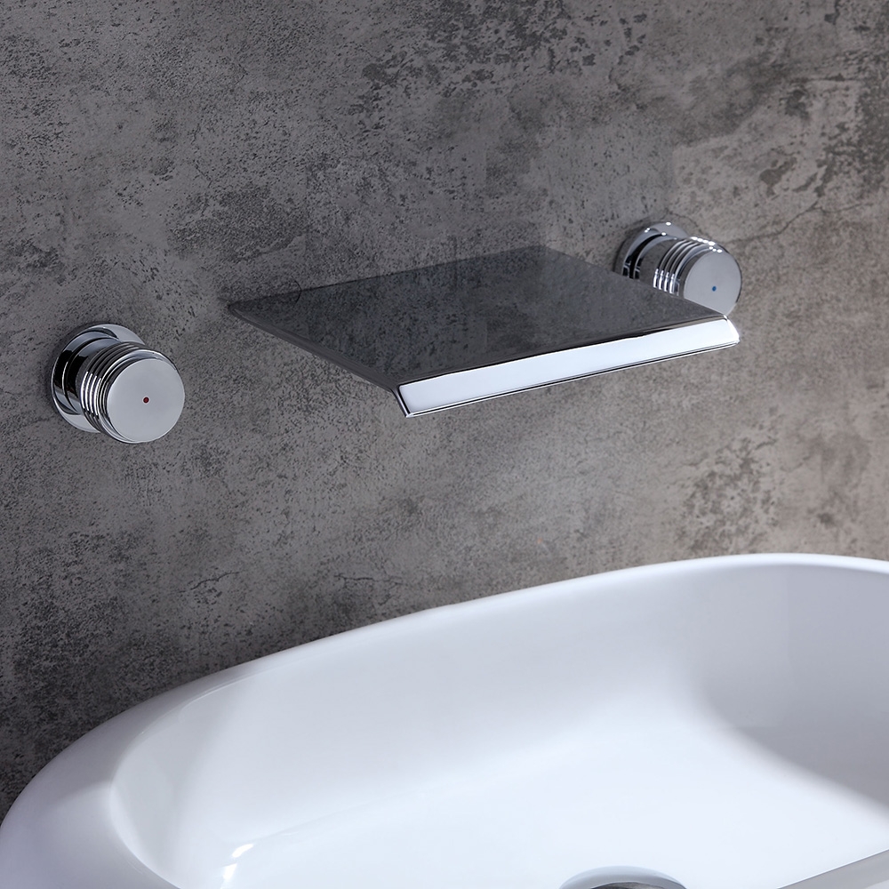 Moda Robinet Moderne Mural Cascade Mitigeur de Lavabo de Salle de Bain Poignées Double en Laiton Massif Chromé image de fenêtre