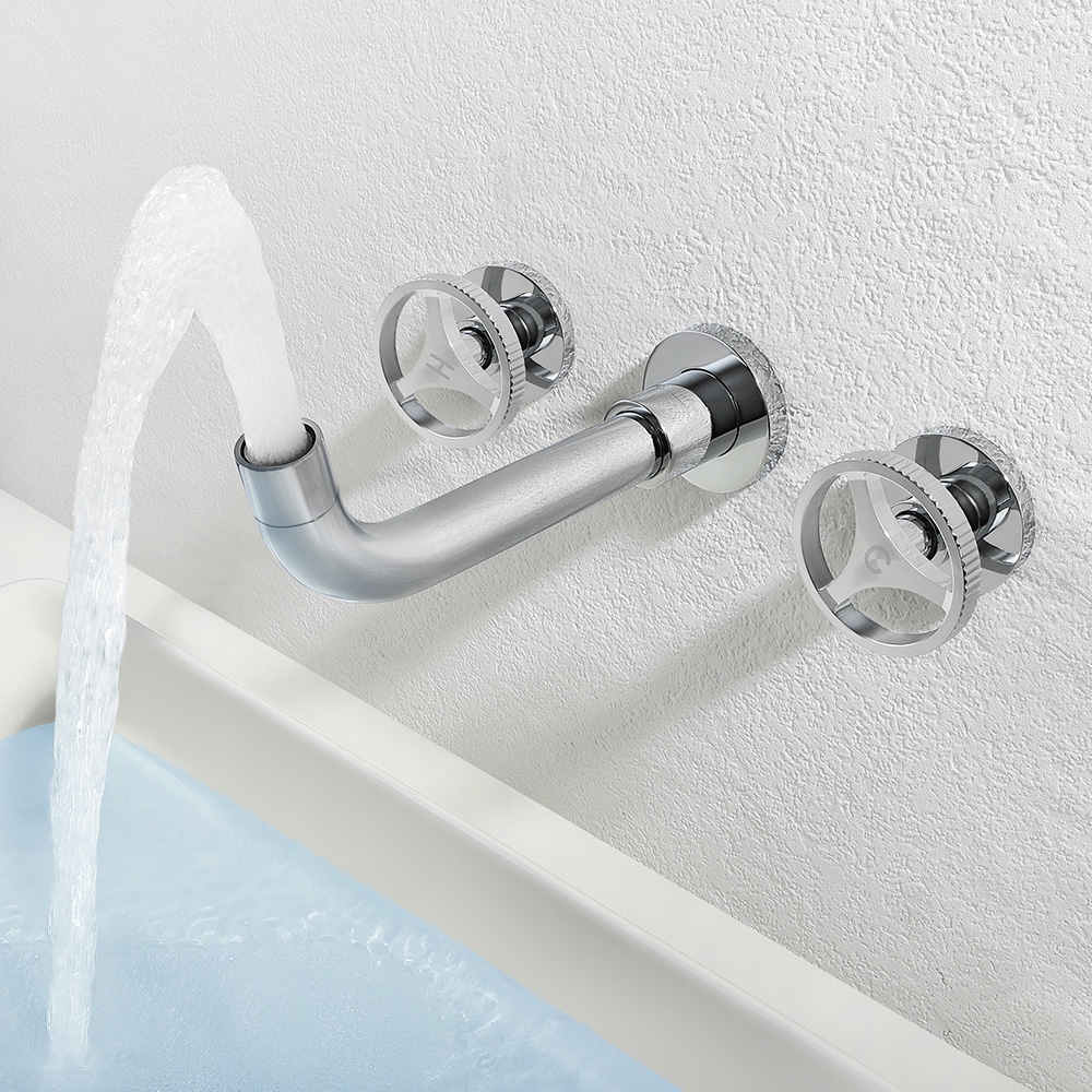 Ave Industrial Wall Mount Bathroom Mixer Tap 2 Wheel Handles Solid Brass in Chrome window image