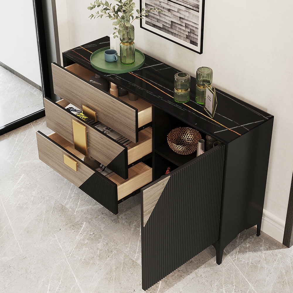 59" Black&Natural Modern Sideboard Buffet with Door&Drawers Sintered Stone Top window image