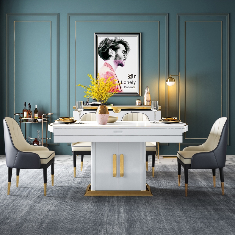 Round White Extendable Dining Table with Storage Base Wood And Stainless Steel Table Space Saving window image