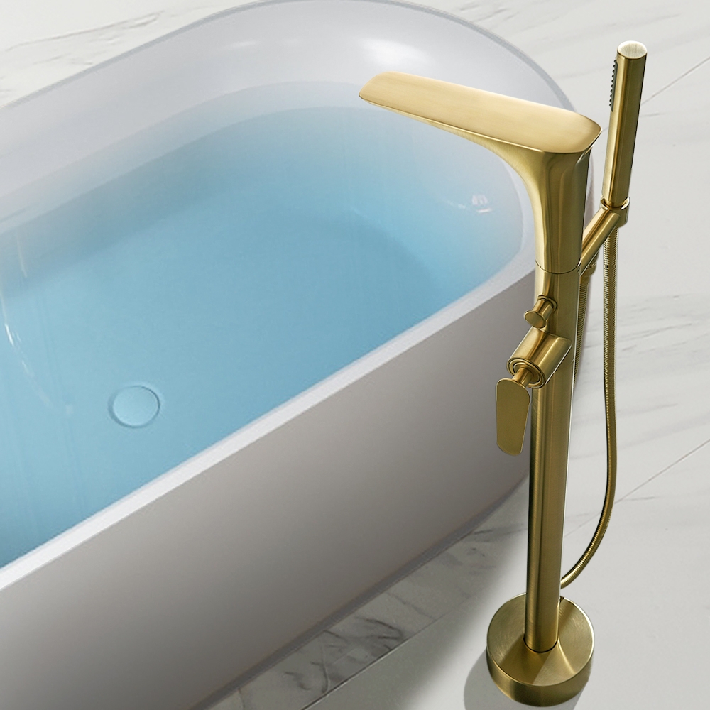 Modern Freestanding Tub Faucet Floor Mounted Tub Filler Swivel Spout with Handshower Brushed Gold Solid Brass window image