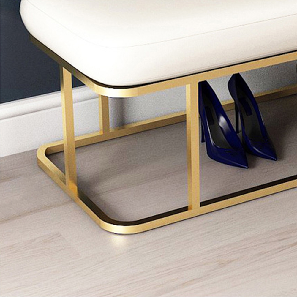 White & Brown Entryway Bench Upholstered PU Leather Modern Bench in Gold window image